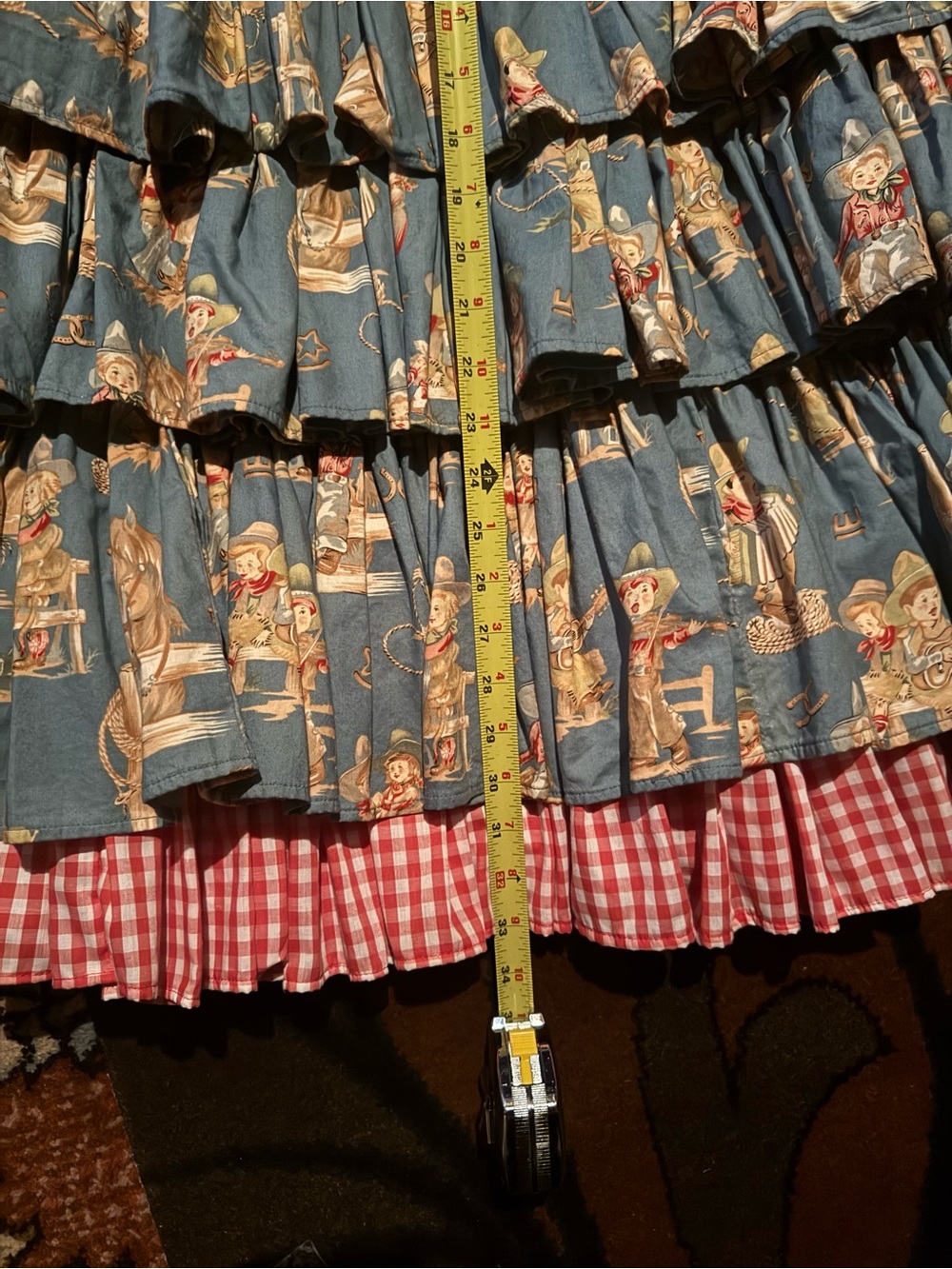 Vintage-Inspired Baby Cowboy Print Tiered Midi Skirt in Turquoise Blue 6 - Picture 3 of 7